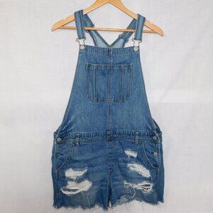 AE American Eagle Womens L Distressed Blue Jean Denim Short Overalls Medium Wash